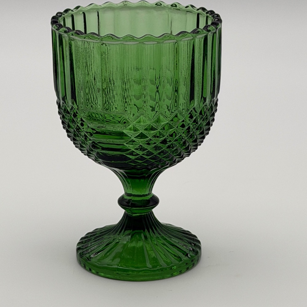 Vintage Emerald Green Pressed Glass Goblet Diamond Point Ribbed Scalloped 6 inch